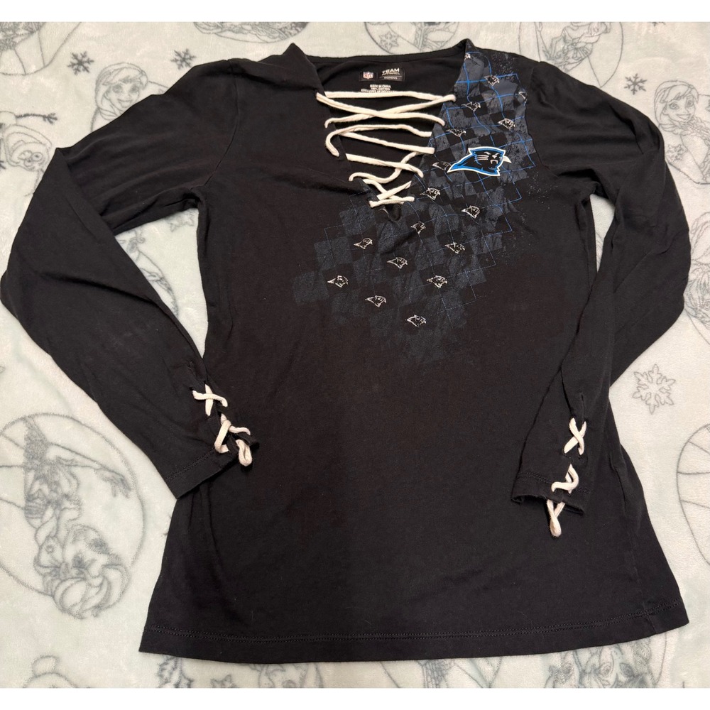 NFL Team Apparel Carolina Panthers Womens Black Lace Up Long Sleeve Shirt Size M